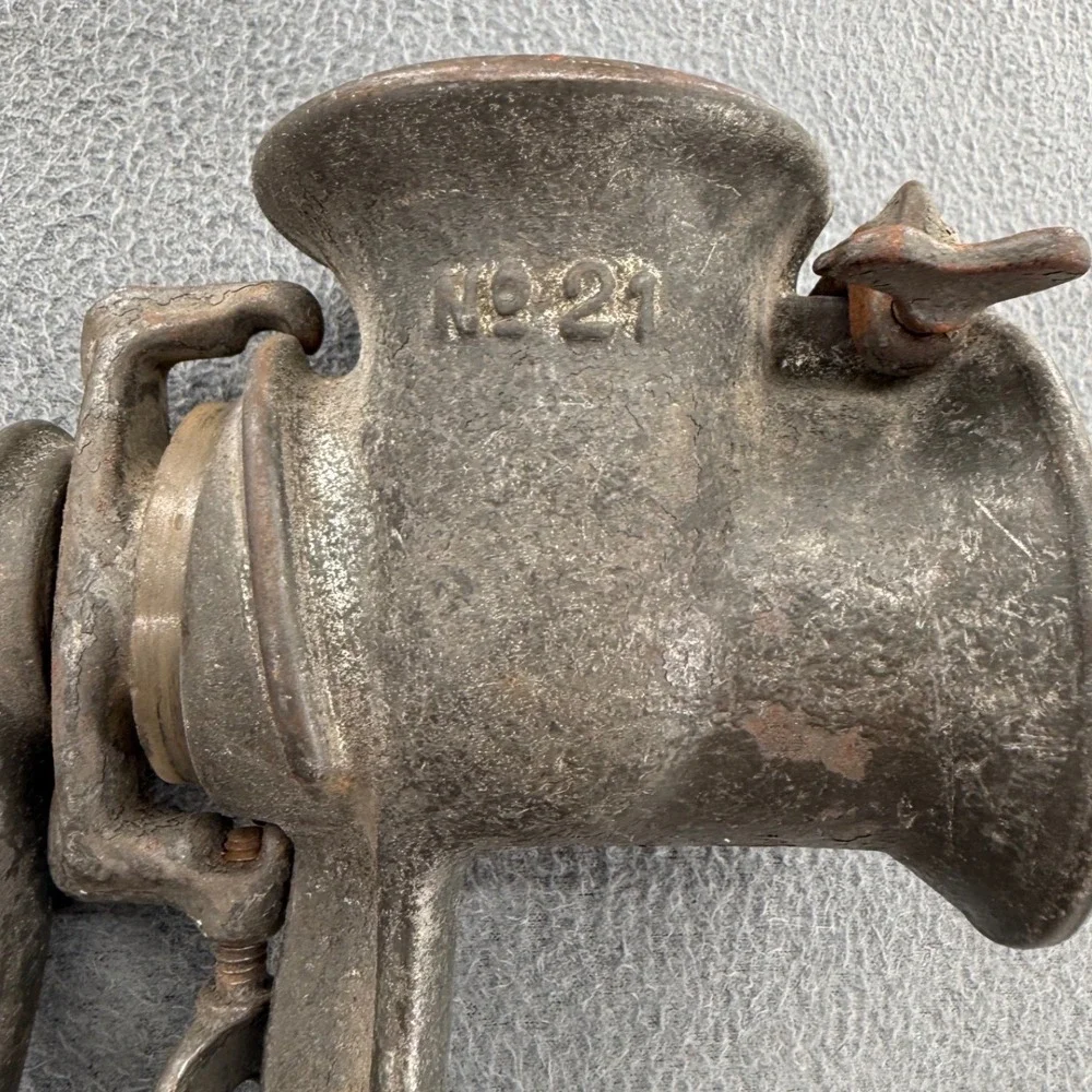 Antique Steinfeld No 21 Cast Iron Meat Grinder 1904 Pat. Wood Handle Farmhouse